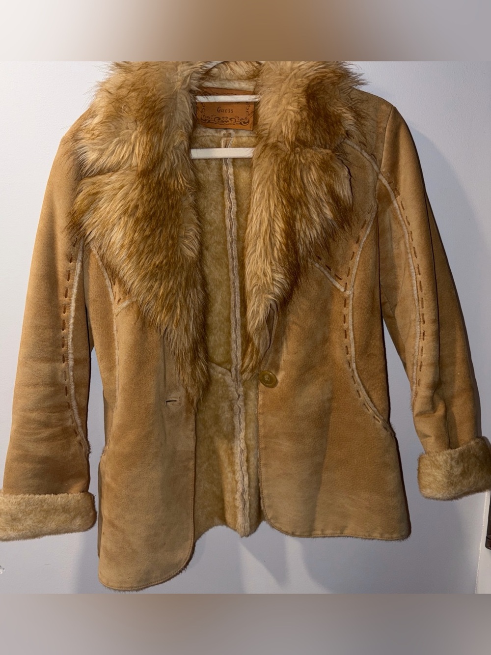 Vintage Guess Leather Suede  Faux Fur Lined Jacket Coat Pennylane 70s 90s Tan